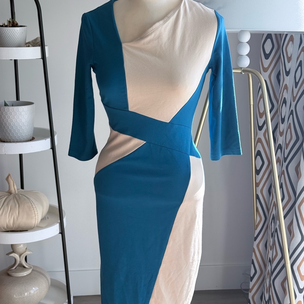 Chic Asymmetrical Blue and Cream Dress